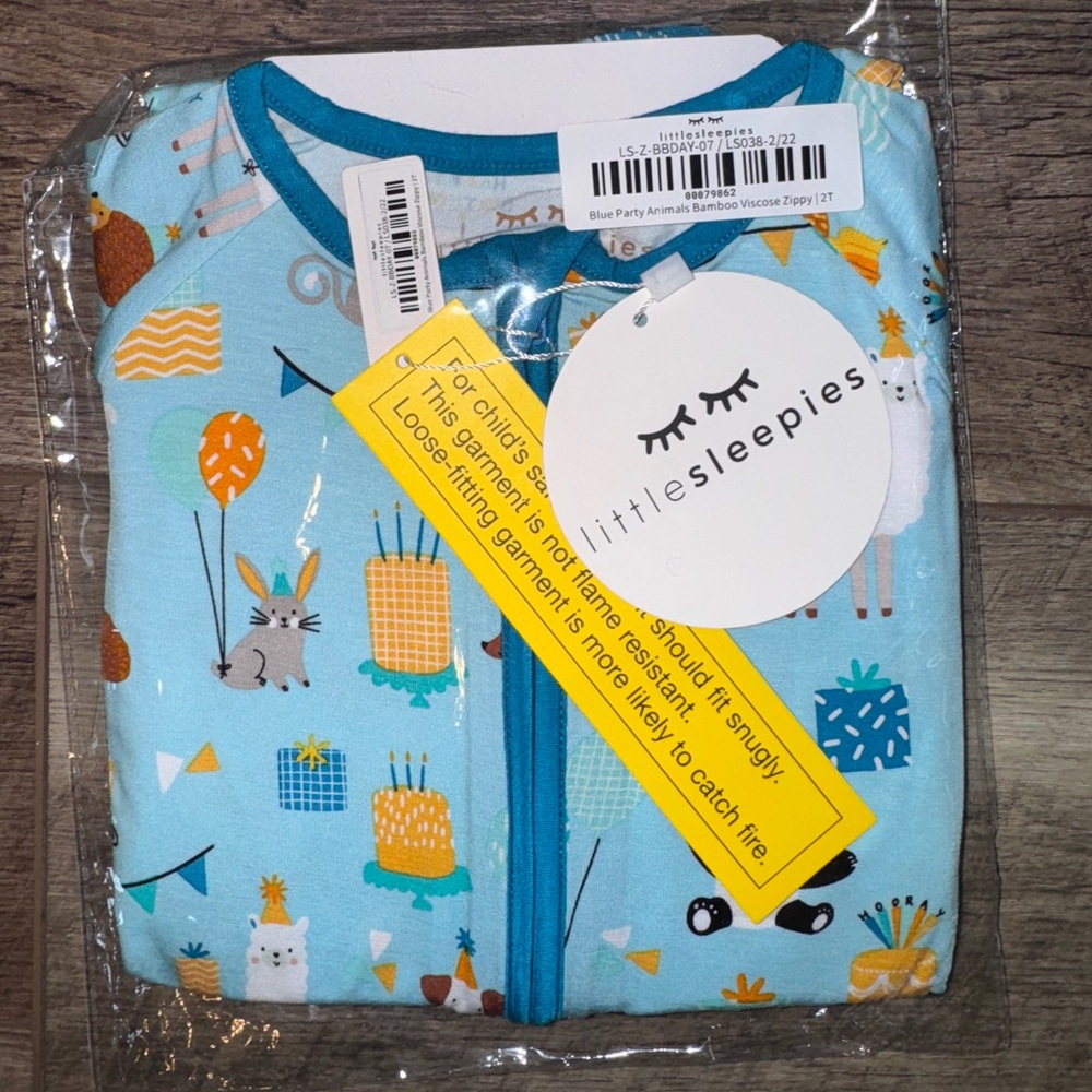 Little Sleepies Blue Party Animal Birthday Kids Bamboo Zippy Pajama 2T NEW 🎈